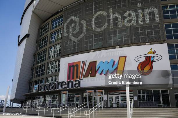 Signage outside the FTX Arena in Miami, Florida, US, on Thursday, Nov. 17, 2022. Miami-Dade County and the NBA's Miami Heat said in a...