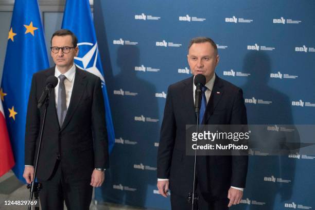 Andrzej Duda President of Poland and Prime Minister Mateusz Morawiecki seen during Polish National Security Council in response to shells explosion...