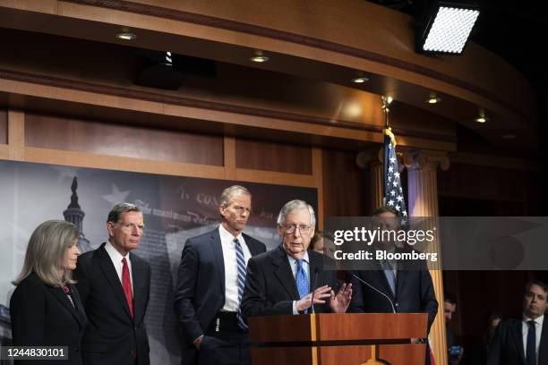 Senate Minority Leader Mitch McConnell, a Republican from Kentucky, center, speaks during a news conference with newly elected Republican leadership...