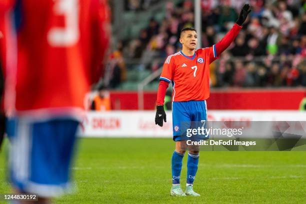 Alexis Sanchez of Chile gestures during the friendly match between Poland v Chile on November 16, 2022 in Warsaw, Poland.