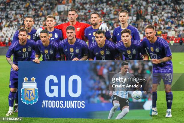 Players of Argentina pose prior to a friendly match between UAE and Argentina ahead of FIFA 2022 World Cup at Mohammed bin Zayed Stadium in Abu...