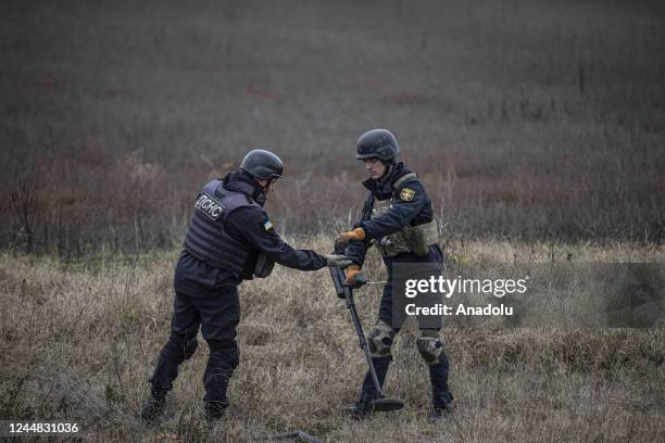 View of unexploded ammunition and mines cleared by Ukrainian emergency service teams after the withdrawal of the Russian army from Kherson to the...