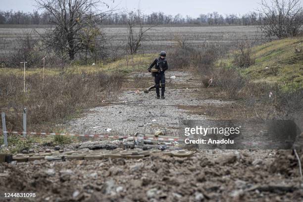 View of unexploded ammunition and mines cleared by Ukrainian emergency service teams after the withdrawal of the Russian army from Kherson to the...