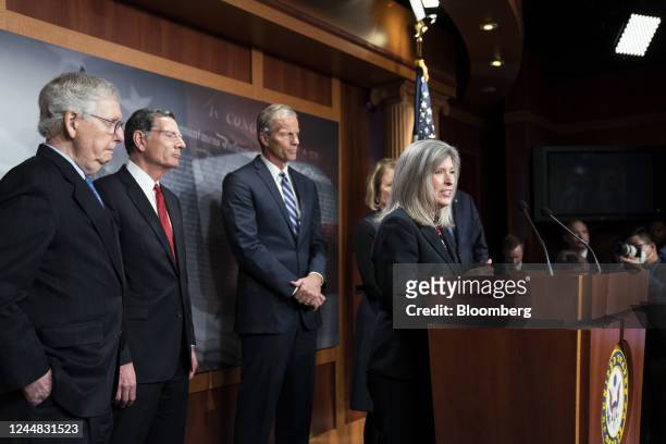 Senator Joni Ernst, a Republican from Iowa, right, speaks during a news conference with newly elected Republican leadership at the US Capitol in...