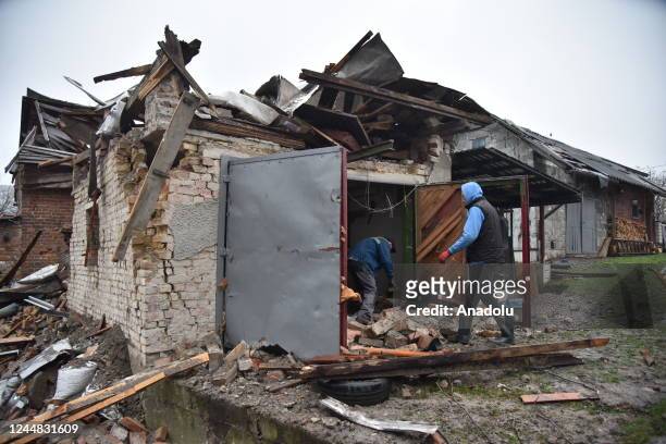 View of a damaged house after a missile strike in a residential quarter in the village of Solonka near the western Ukrainian city of Lviv, on...