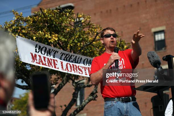 Lobsterman Jim Hanscom of Bar Harbor calls out the politicians in the crowd to act on a proposal for Maine to sue the federal government against...