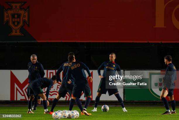 Pepe of Portugal with teammates in action during the Portugal Training and Press Conference at Cidade do Futebol FPF on November 16, 2022 in Oeiras,...