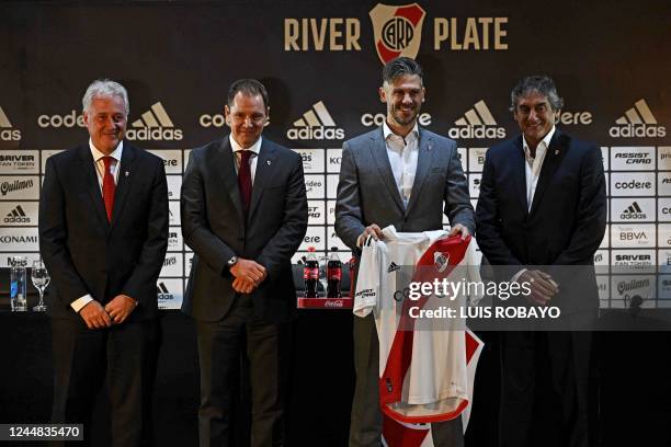 River Plate's first Vice-President Matias Patanian, President Jorge Brito, new coach Martin Demichelis, and Club Manager Enzo Francescoli pose for a...