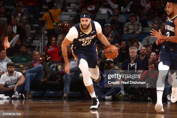 Larry Nance Jr. #22 of the New Orleans Pelicans dribbles the ball during the game against the Chicago Bulls on November 16, 2022 at the Smoothie King...