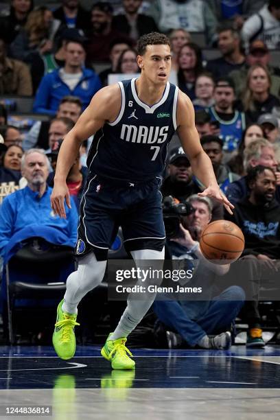 Dwight Powell of the Dallas Mavericks dribbles the ball against the Houston Rockets on November 16, 2022 at the American Airlines Center in Dallas,...