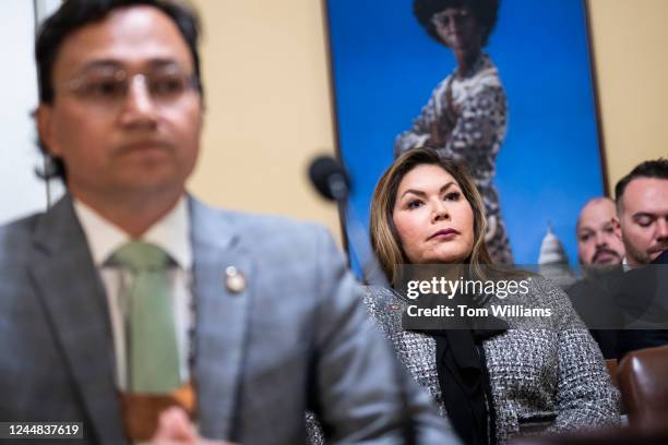Kimberly Teehee, the Cherokee Nation's delegate-designate to the House, looks on as Chief Chuck Hoskin Jr., chief of the Cherokee Nation, testifies...
