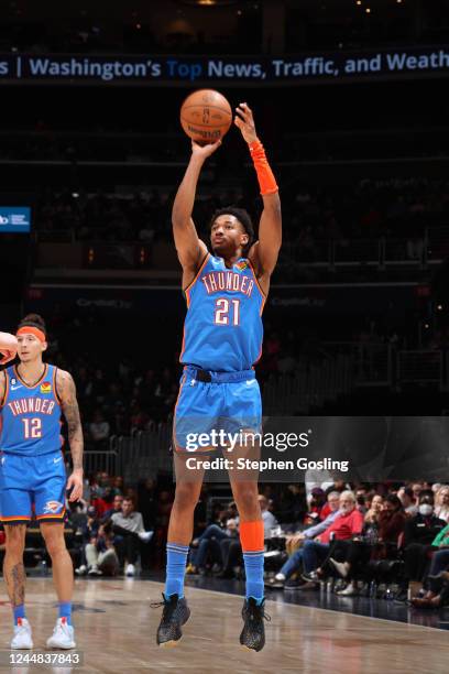 Aaron Wiggins of the Oklahoma City Thunder shoots the ball during the game against the Washington Wizards on November 16, 2022 at Capital One Arena...