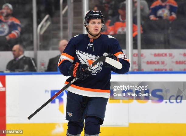 Mattias Janmark of the Edmonton Oilers skates during warm ups before the game against the Los Angeles Kings on November 16, 2022 at Rogers Place in...