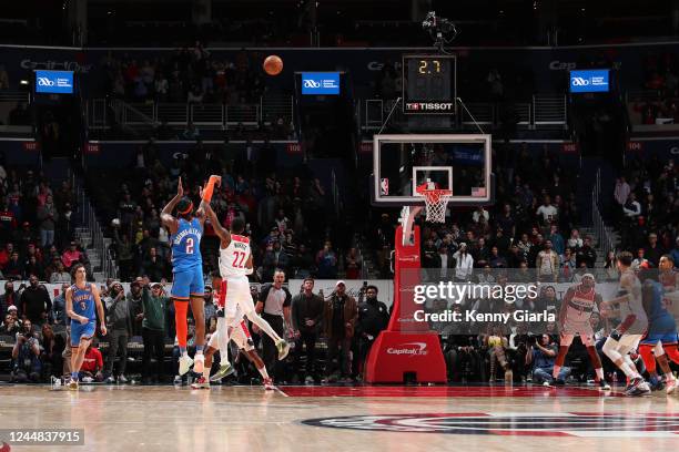 Shai Gilgeous-Alexander of the Oklahoma City Thunder hits the game winning shot during the game against the Washington Wizards on November 16, 2022...