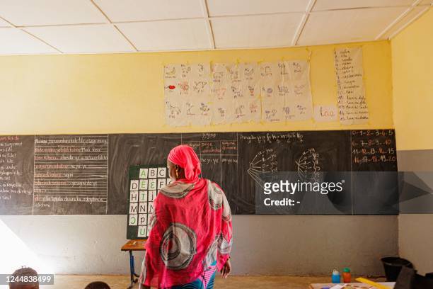 Teacher teaches a lesson in Bambara, one of Malis main national languages, at a school in Bamako on November 10, 2022. - In Mali, a few words in a...