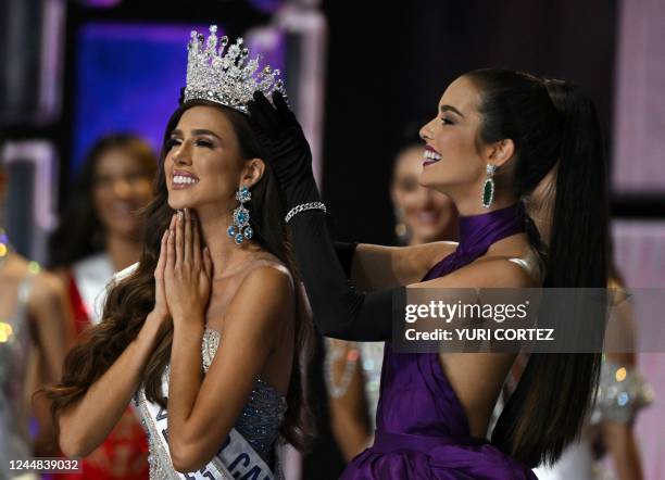 Diana Silva from the capital district is crowned as the new Miss Venezuela by outgoing Miss Venezuela 2021 Amanda Dudamel at the Poliedro de Caracas...