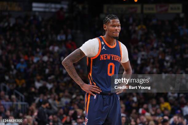 Cam Reddish of the New York Knicks looks on during the game against the Denver Nuggets on November 16, 2022 at the Ball Arena in Denver, Colorado....