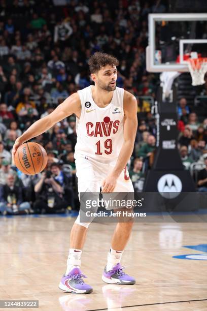 Raul Neto of the Cleveland Cavaliers dribbles the ball during the game against the Milwaukee Bucks on November 16, 2022 at the Fiserv Forum Center in...
