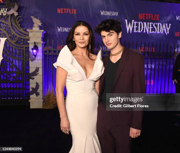 Catherine Zeta-Jones and Dylan Michael Douglas at the premiere of Netflix's "Wednesday" held at Hollywood Legion Theater on November 16, 2022 in Los...