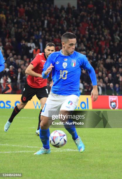 Giacomo Raspadori of Italy during the football friendly football game between the national teams of Albania and Italy, at Air Albania Stadium on 16...