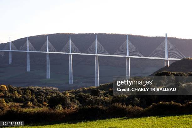 Photograph taken in Millau, southern France on November 16, 2022 shows the viaduct of Millau.