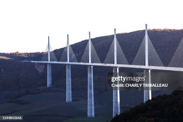 Photograph taken in Millau, southern France on November 16, 2022 shows the viaduct of Millau.