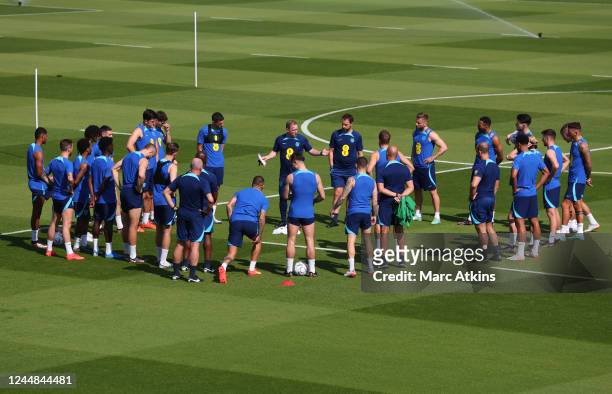 General view as the England team huddle during the England Training Session & Press Conference at Al Wakrah Stadium on November 17, 2022 in Doha,...