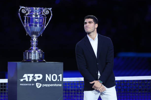 Carlos Alcaraz of Spain Carlos Alcaraz of Spain receives the trophy as best ATP player of 2022 during day four of the Nitto ATP Finals at Pala...