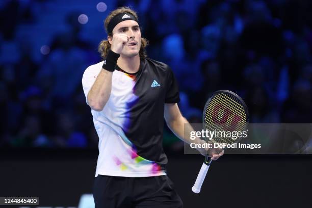 Stefanos Tsitsipas of Greece celebrates after scoring his team's first goal at the match between Daniil Medvedev of Russia and Stefanos Tsitsipas of...