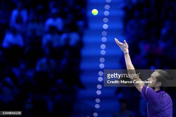 Daniil Medvedev of Russia in action during the Round Robin singles match between Daniil Medvedev of Russia and Stefanos Tsitsipas of Greece during...