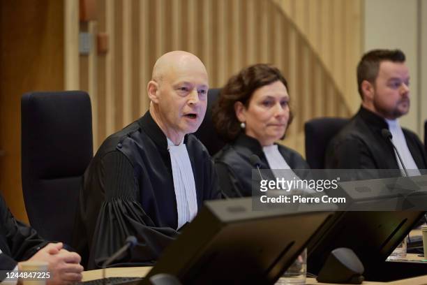 The judges give a verdict in the MH17 case in the court room at the Schiphol Judicial Complex on November 17, 2022 in Badhoevedorp, Netherlands. The...