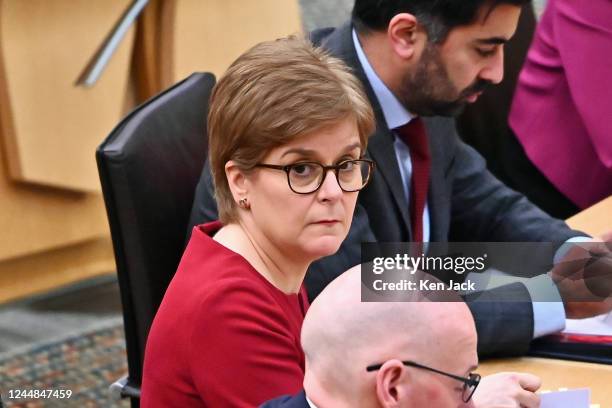 First Minister of Scotland Nicola Sturgeon attends First Minister's Questions in the Scottish Parliament on November 17, 2022 in Edinburgh, Scotland.