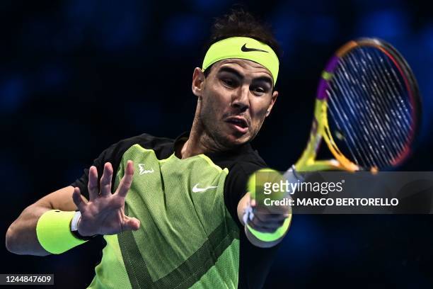 Spain's Rafael Nadal returns to Norway's Casper Ruud during their round-robin match on November 17, 2022 at the ATP Finals tennis tournament in Turin.