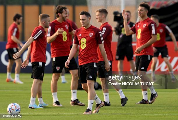 Wales' defender Connor Roberts takes part in a training session at the Al Sadd SC in Doha on November 17 ahead of the Qatar 2022 World Cup football...