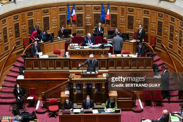 French Minister for the Economy and Finances Bruno Le Maire speaks during the first reading of State 2023 budget at the French Senate, in Paris, on...