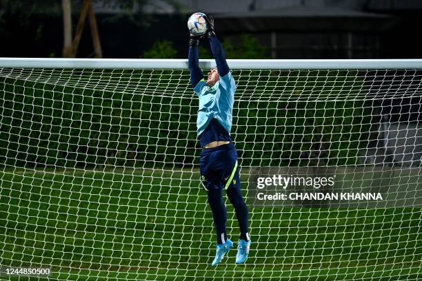 Australia's goalkeeper Danny Vukovic takes part in a training session at the Aspire Academy in Doha on November 17 ahead of the Qatar 2022 World Cup...