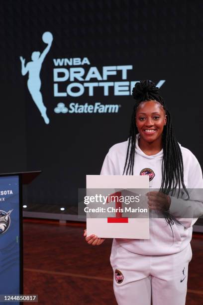 Kelsey Mitchell of the Indiana Fever holds up the number 1 after the Fever won the 2023 WNBA Draft Lottery pick on November 11, 2022 at ESPN in...