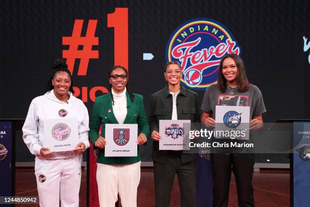 Kelsey Mitchell of the Indiana Fever, Tanisha Wright of the Atlanta Dream, Natahsa Cloud of the Washington Mystics and Napheesa Collier of the...