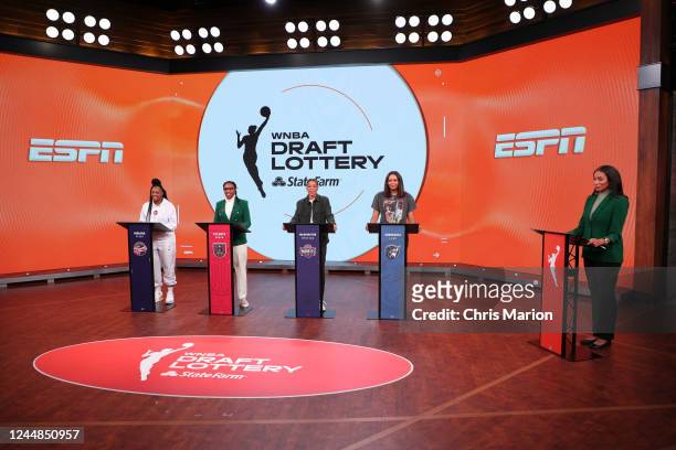 Kelsey Mitchell of the Indiana Fever, Tanisha Wright of the Atlanta Dream, Natahsa Cloud of the Washington Mystics and Napheesa Collier of the...