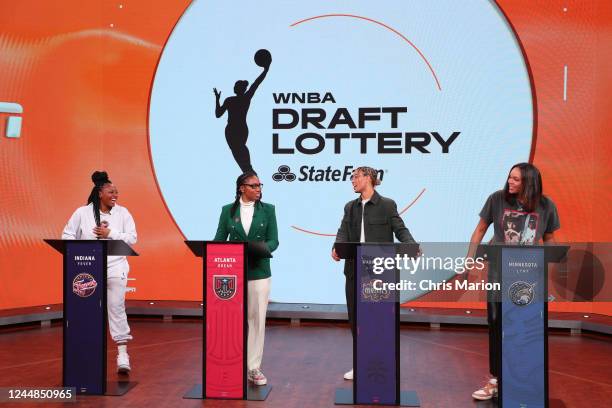 Kelsey Mitchell of the Indiana Fever, Tanisha Wright of the Atlanta Dream, Natahsa Cloud of the Washington Mystics and Napheesa Collier of the...