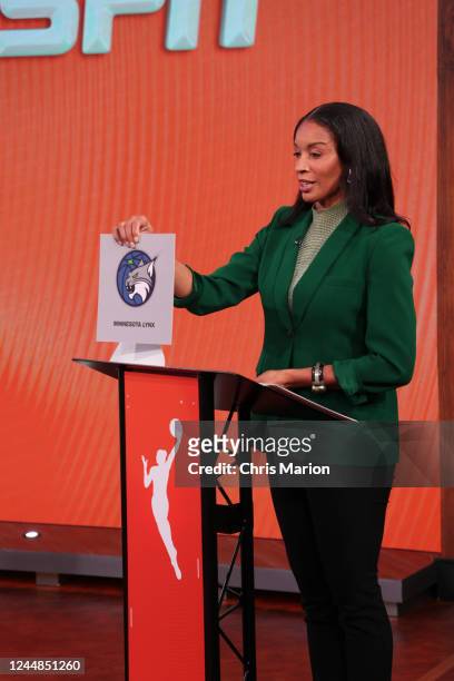 Bethany Donaphin of the WNBA announces the Minnesota Lynx as the second pick during the 2023 WNBA Draft Lottery on November 11, 2022 at ESPN in...