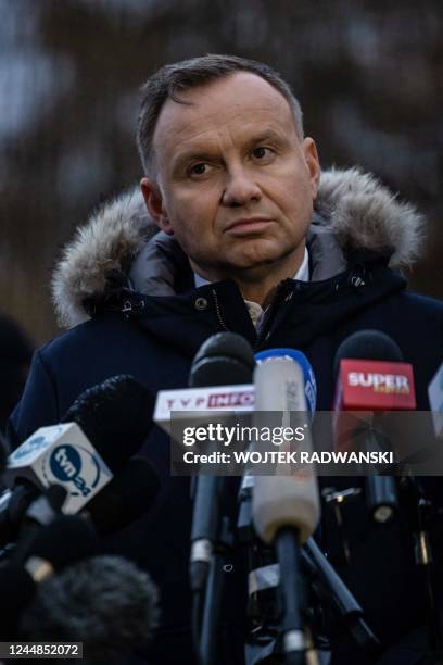 Poland's President Andrzej Duda looks on during press conference on November 17, 2022 in the eastern Poland village of Przewodow, where a missile...