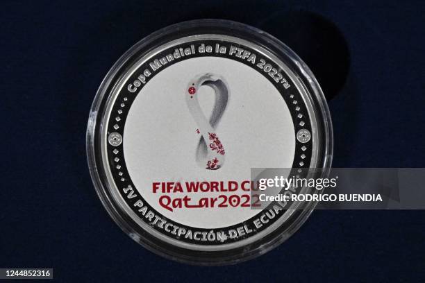 Detail of the back of the new commemorative coin for Ecuadors fourth World Cup participation during the official launch at the Central Bank in Quito,...