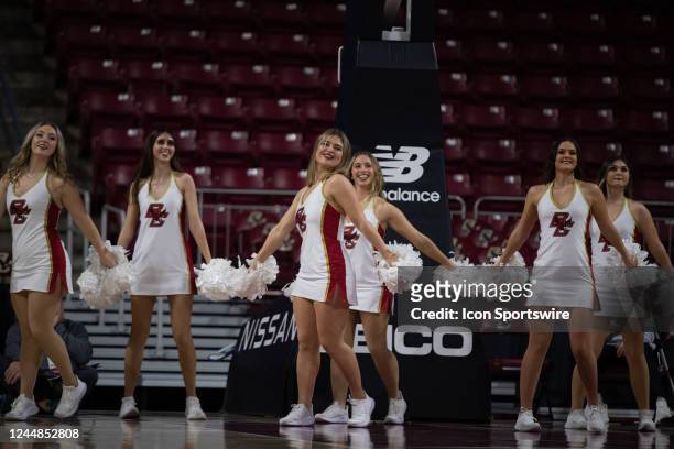 Boston College Eagles cheerleaders perform during a timeout in a women's college basketball game between the Ohio State Buckeyes and the Boston...