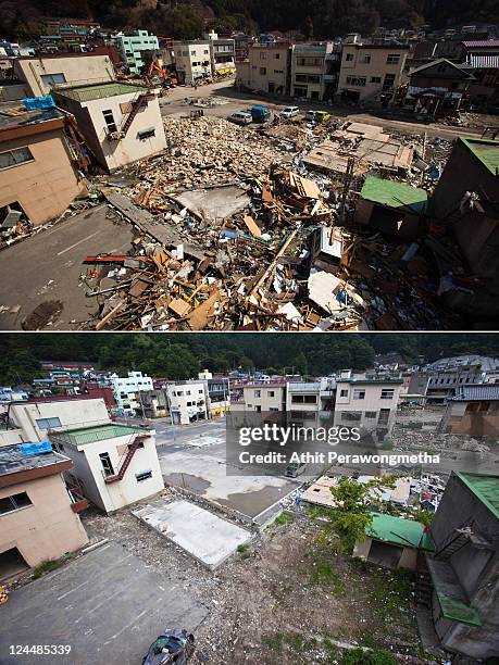 In this composite image, a general view of Kamaishi is seen prior to the sixth month anniversary of the March 11 earthquake and massive tsunami on...