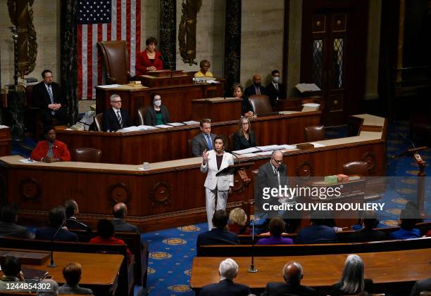 Outgoing US Speaker of the House of Representatives Nancy Pelosi , Democrat of California, speaks in the House Chamber at the US Capitol in...