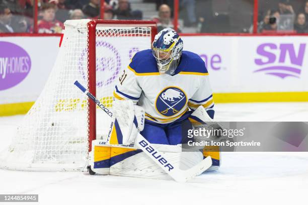 Buffalo Sabres Goalie Eric Comrie tracks a rebound to the corner during second period National Hockey League action between the Buffalo Sabres and...