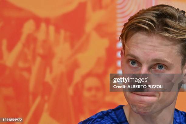 Netherlands' midfielder Frenkie De Jong attends a press conference at Qatar University training site 6 in Doha on November 17 ahead of the Qatar 2022...