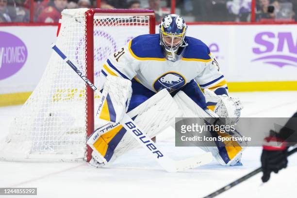 Buffalo Sabres Goalie Eric Comrie prepares to make a save during second period National Hockey League action between the Buffalo Sabres and Ottawa...