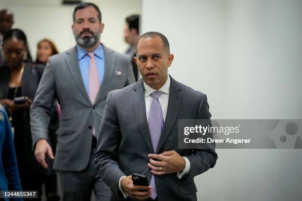 Chair of the House Democratic Caucus Rep. Hakeem Jeffries leaves a meeting with House Democrats at the U.S. Capitol November 17, 2022 in Washington,...